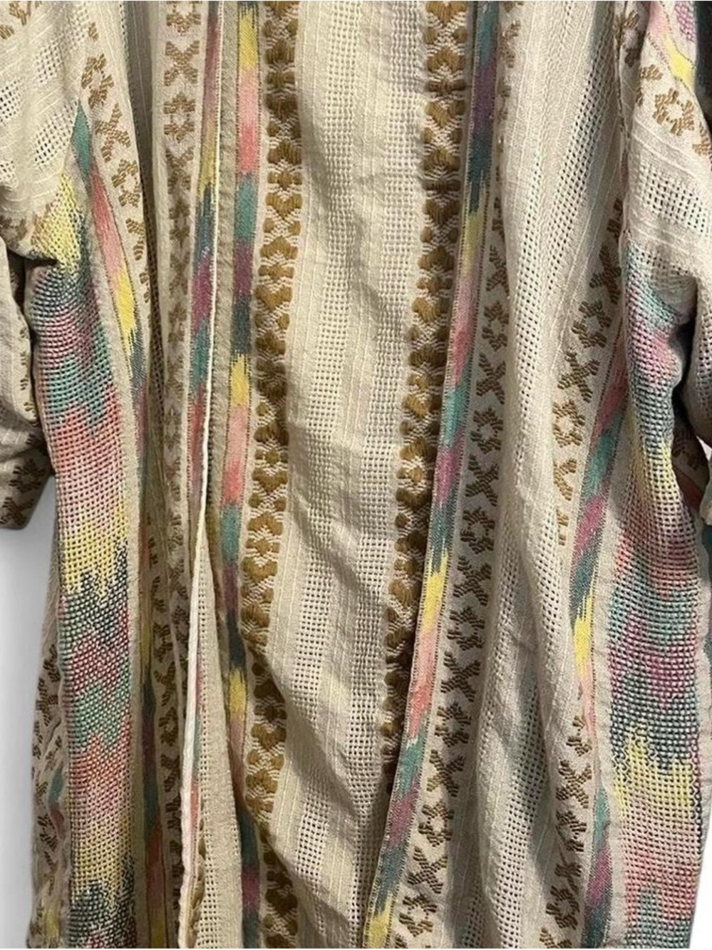 Cream Openwork Knit Swim Coverup with Pastel Stripe Accents